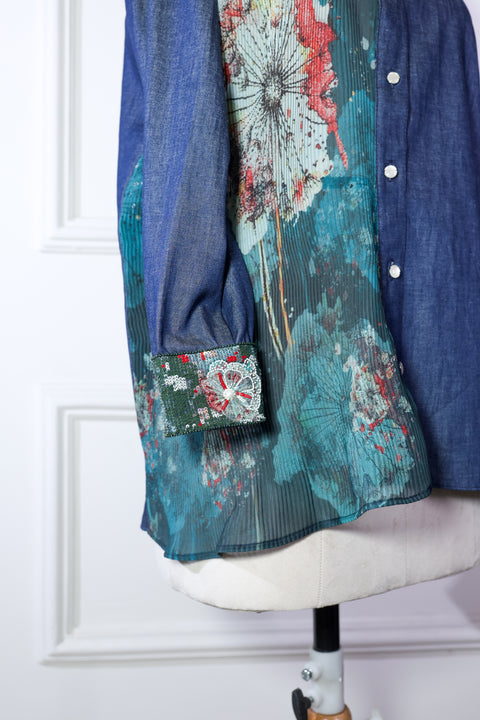 Denim Blue With Green Pleated Shirt