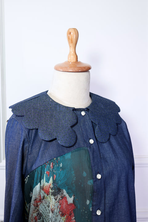 Denim Blue With Green Pleated Shirt