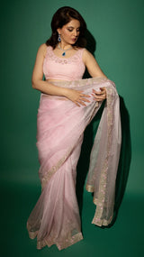 Baby Pink Hand Embroidered Saree Organza And Matching Floral Embroidered Blouse