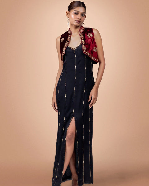 Black & Maroon Georgette Maxi Dress With Velvet Crop Jacket