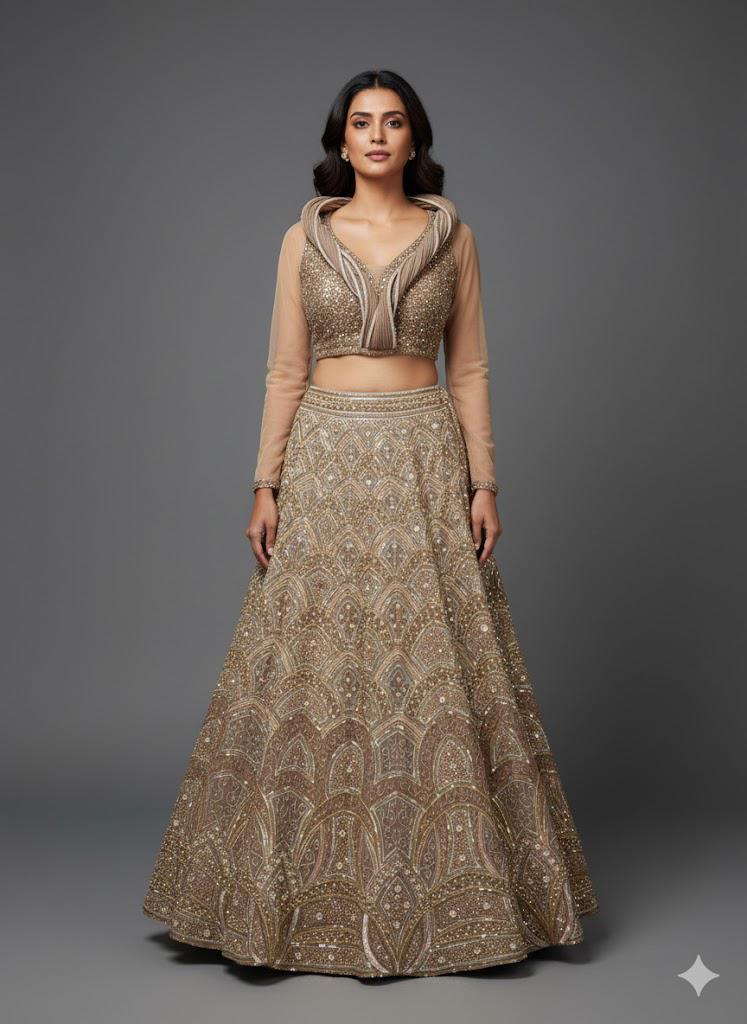 Champagne Gold Hand-Embroidered Lehenga
