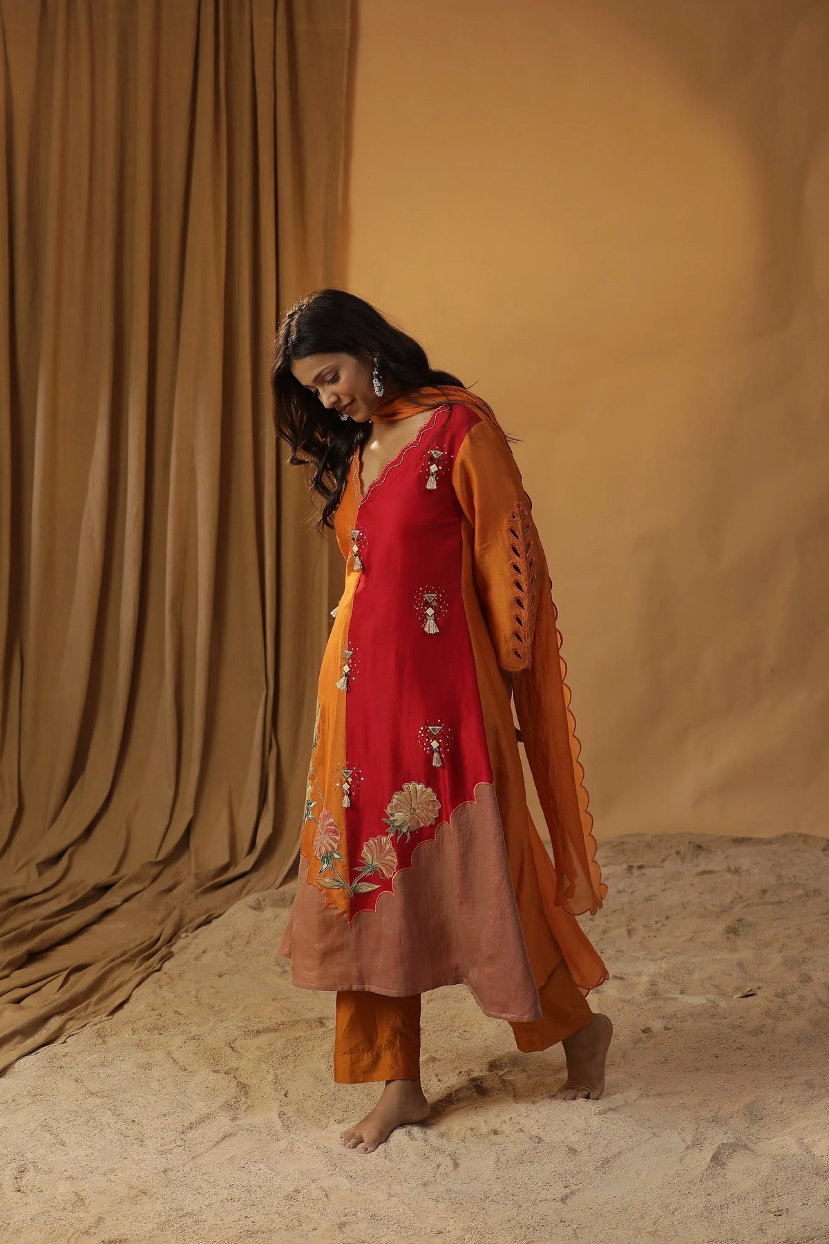 Half And Half Red Orange Handpainted Suit Set