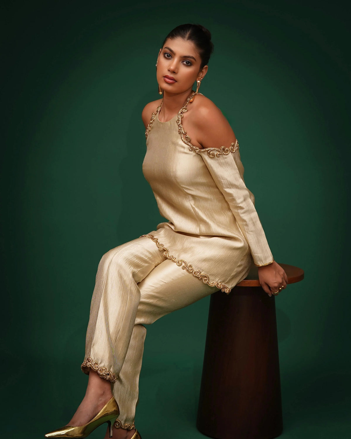 Green Hand Embroidred Cut-Shoulder Co-Ord Set