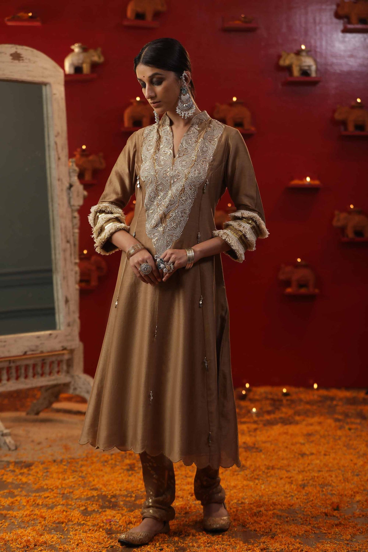 Golden Shringar Rass Big V Neck Suit