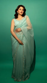 Sky Blue Hand Embroidered Saree Organza And Matching Floral Embroidered Blouse