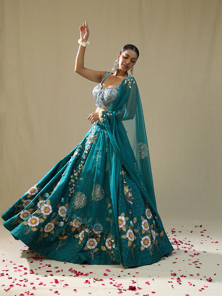Teal Green Handpainted Lehenga Set
