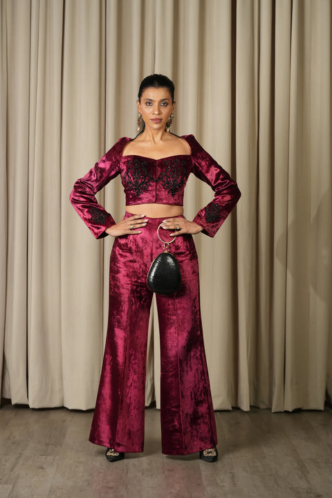 Maroon Hand Embroidered Velvet Blouse With Pants