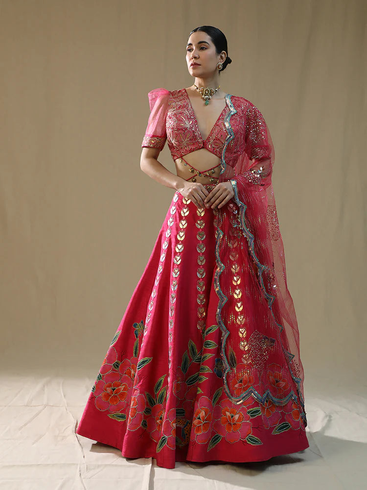 Pink Leopard Handpainted Lehenga Set
