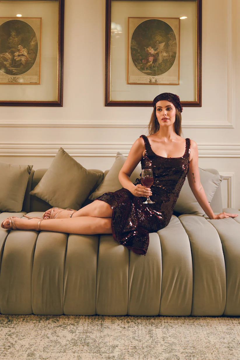 Maroon Sequins Midi Party Dress