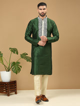 Forest Green Embroidered Silk Kurta Set