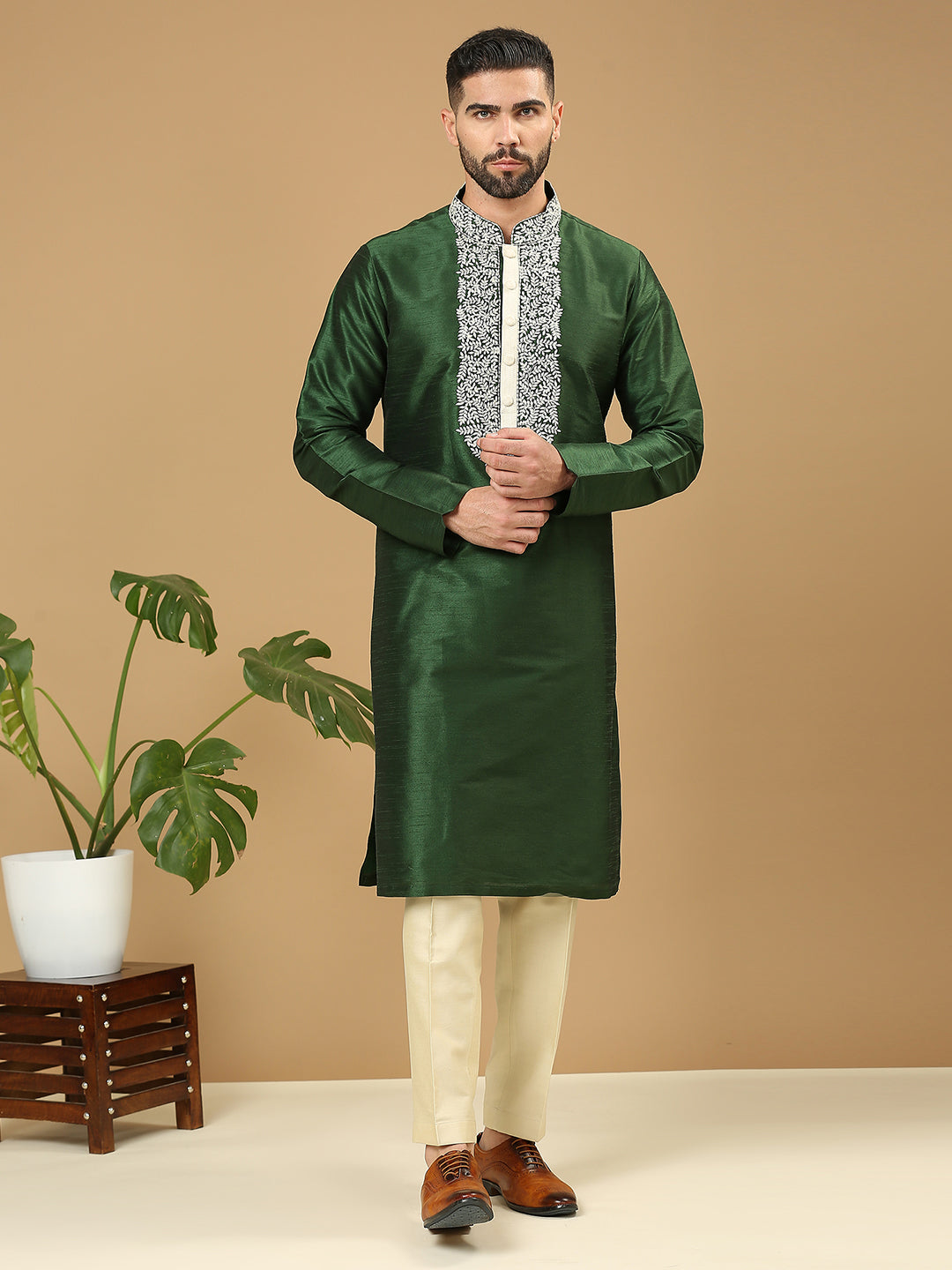 Forest Green Embroidered Silk Kurta Set