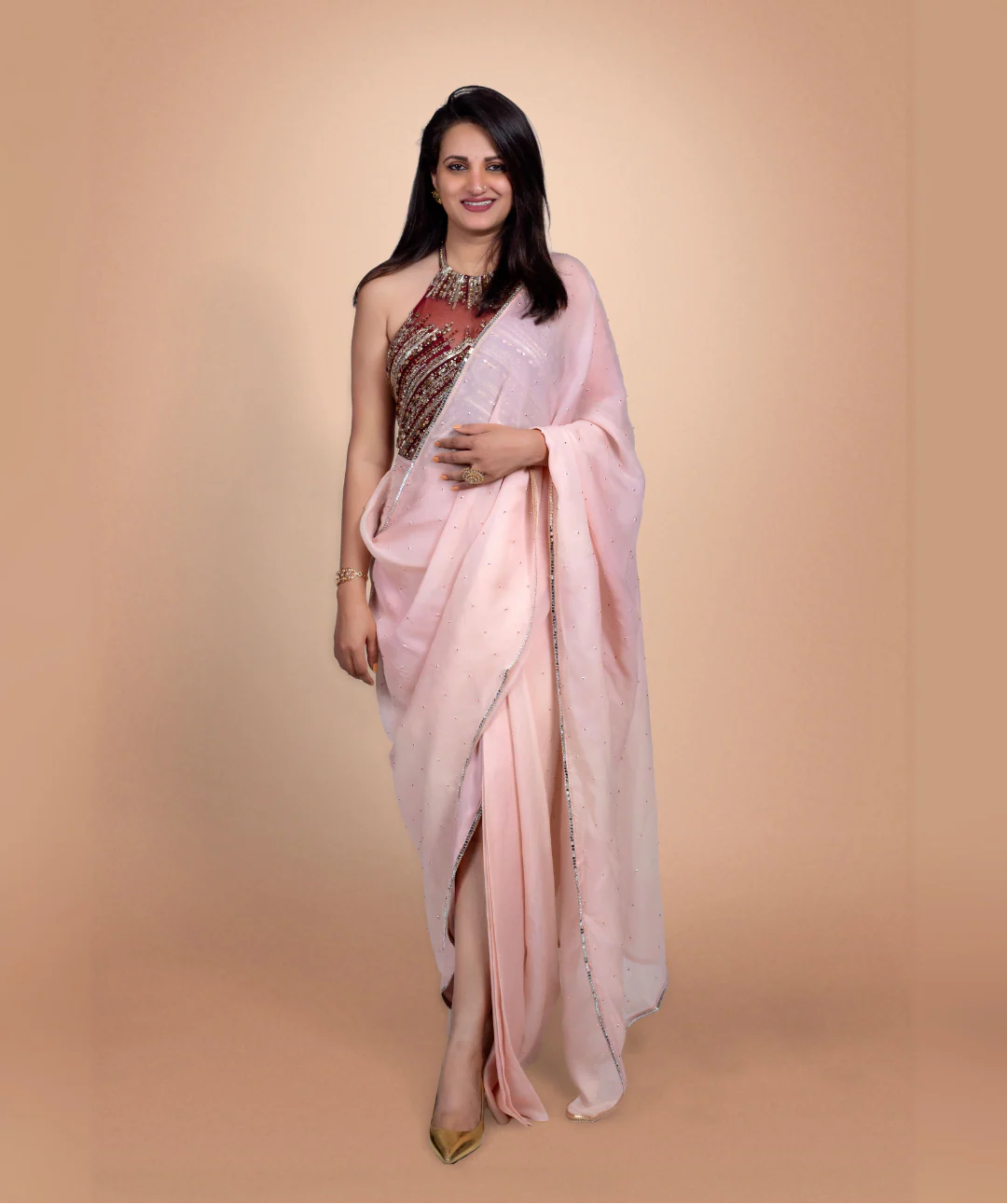 Pink And Maroon Organza Saree With Hand Embroidered Blouse