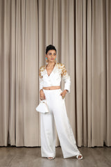 White Hand Enbroidered Dupion Silk Blazer And Pants