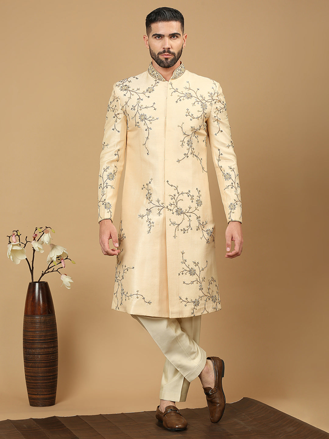 Biscuit Resham & Zardosi Embroidered Sherwani Set