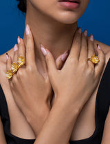 Pearly Golden Flower Three Finger Ring