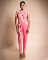 Pink Hand Embroidered Satin Jumpsuit