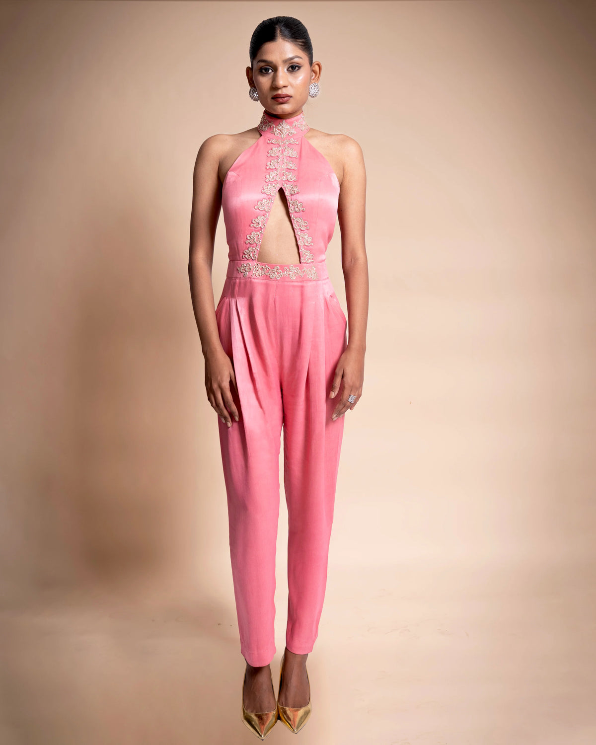Pink Hand Embroidered Satin Jumpsuit