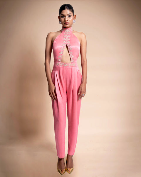 Pink Hand Embroidered Satin Jumpsuit