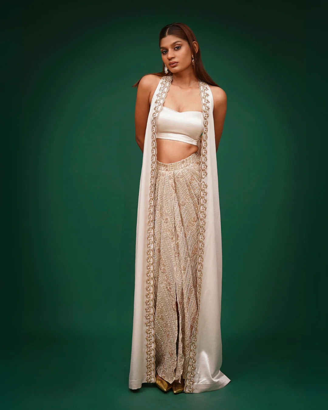 White Hand Embroidered Cape With Bustier And Skirt