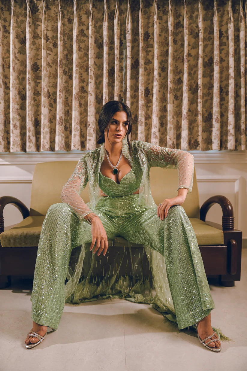 Pista Green Sequins Feather Embroidered Shrug Set