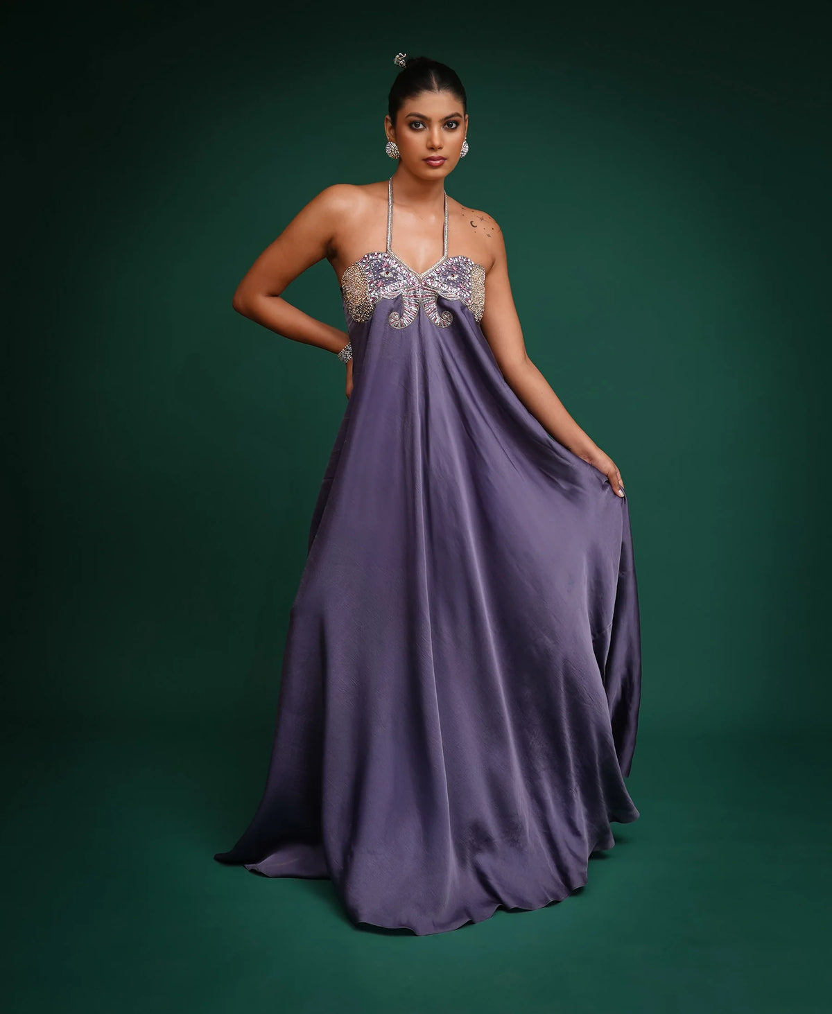 Grey Hand Embroidred Maxi Dress