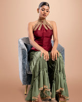 Maroon and Green Hand Embroidered Shara Set