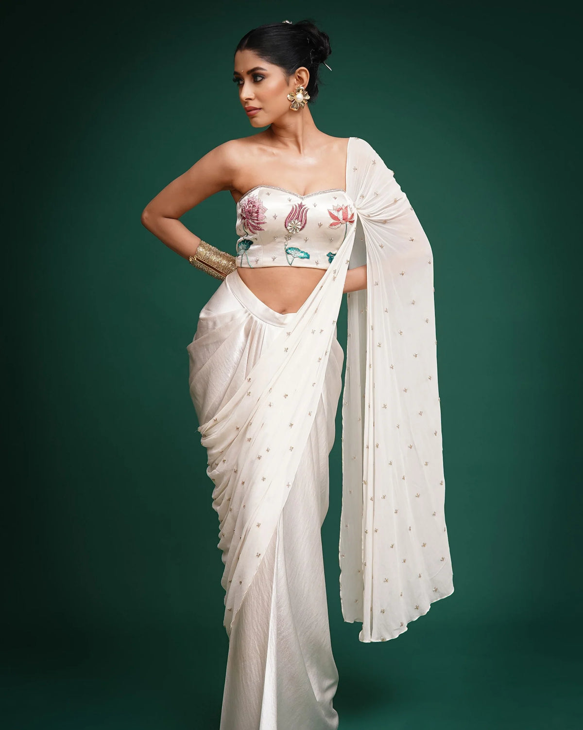 White Hand Embroidered Georgette Saree