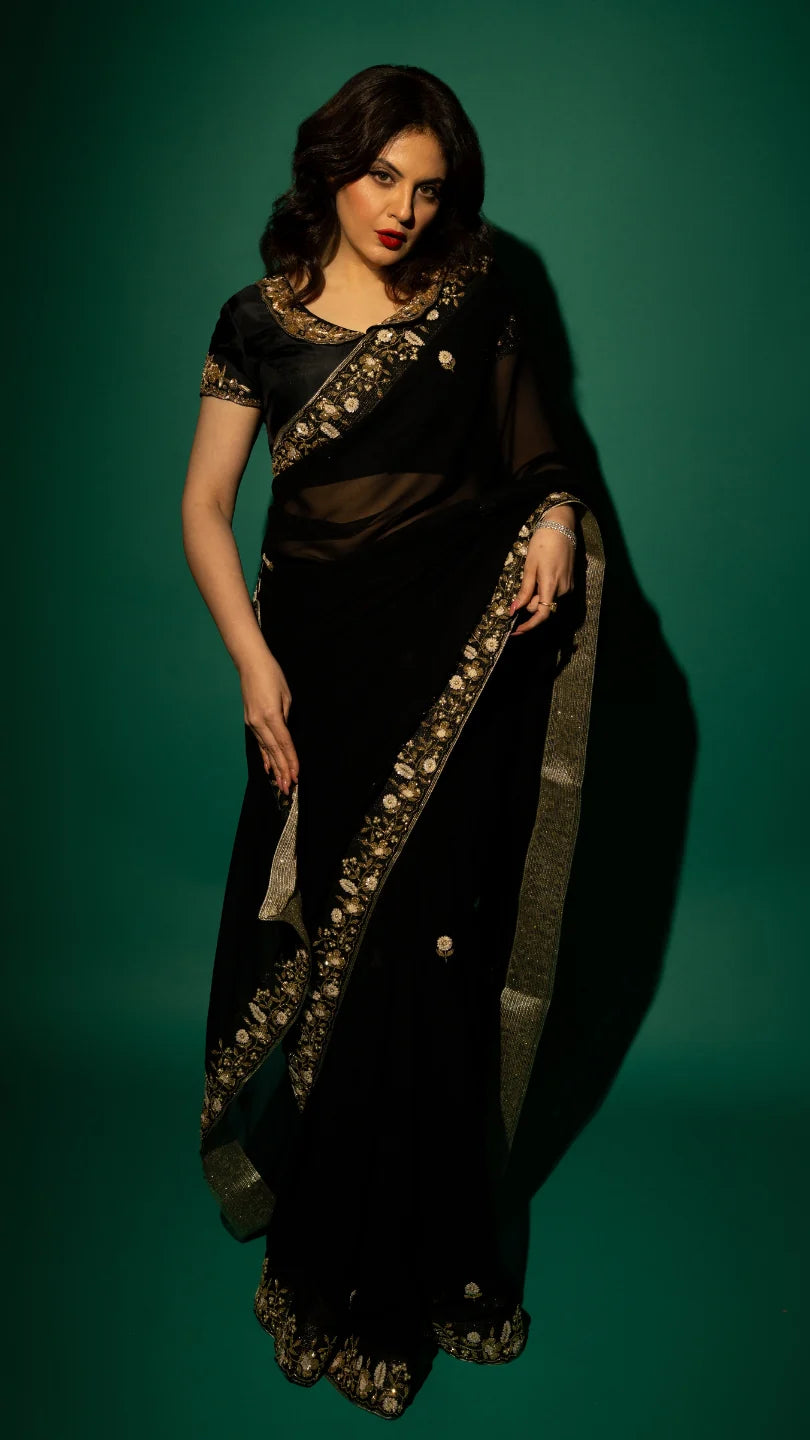 Black Hand Embroidered Saree Organza And Matching Floral Embroidered Blouse