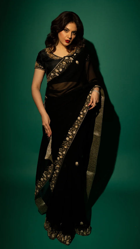 Black Hand Embroidered Saree Organza And Matching Floral Embroidered Blouse -Set of 2