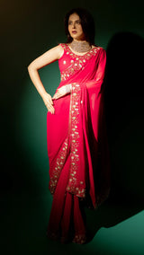 Pink Hand Embroidered Saree Organza And Matching Floral Embroidered Blouse