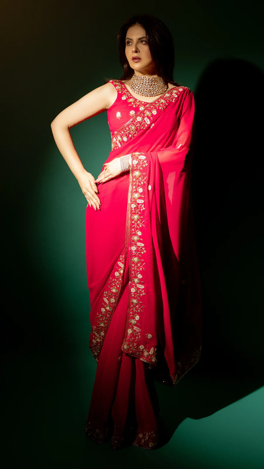 Pink Hand Embroidered Saree Organza And Matching Floral Embroidered Blouse
