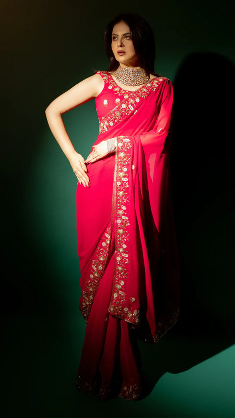 Pink Hand Embroidered Saree Organza And Matching Floral Embroidered Blouse