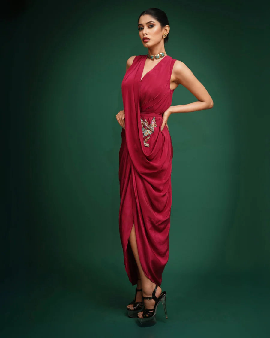 Maroon Hand Embroidered Crepe Drape Dress With Belt