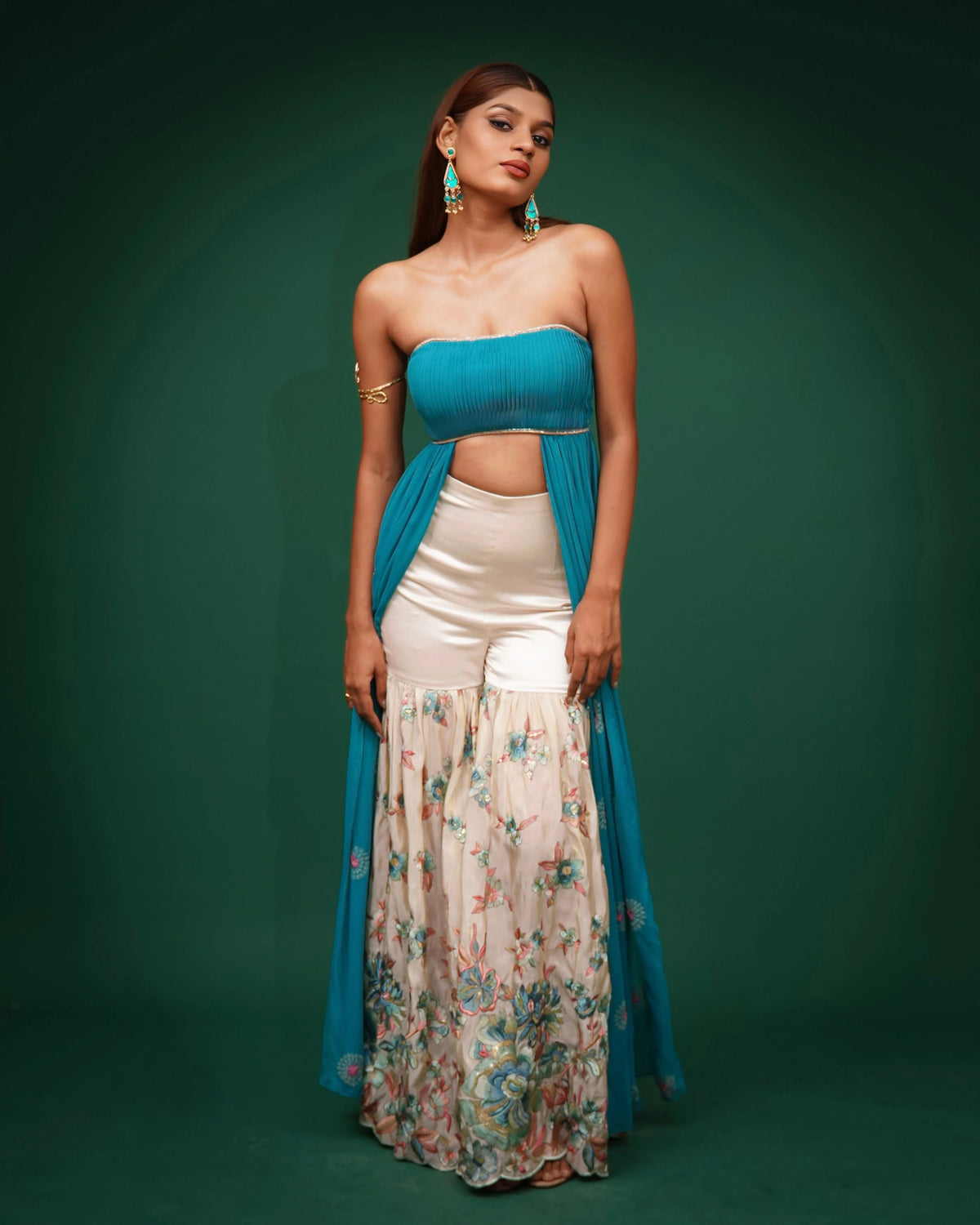 Teal Green Hand-Embroidered Cape With Sharara
