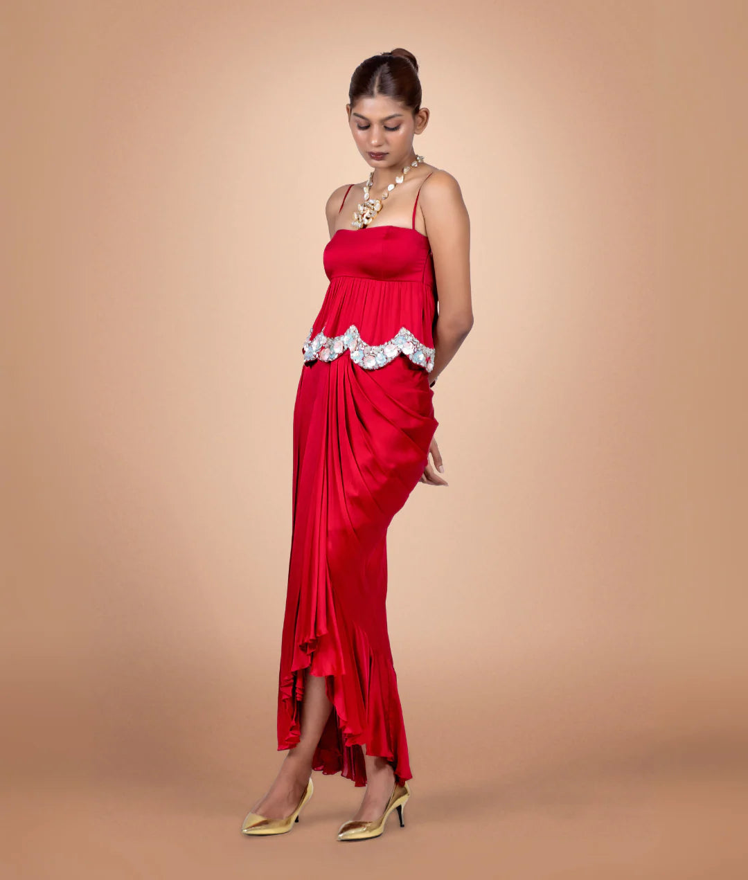 Red Hand Embroidered Satin Top And Skirt