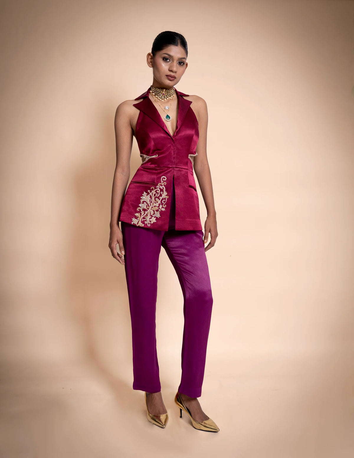 Maroon Hand Embroidered Blazer With Violet Pants