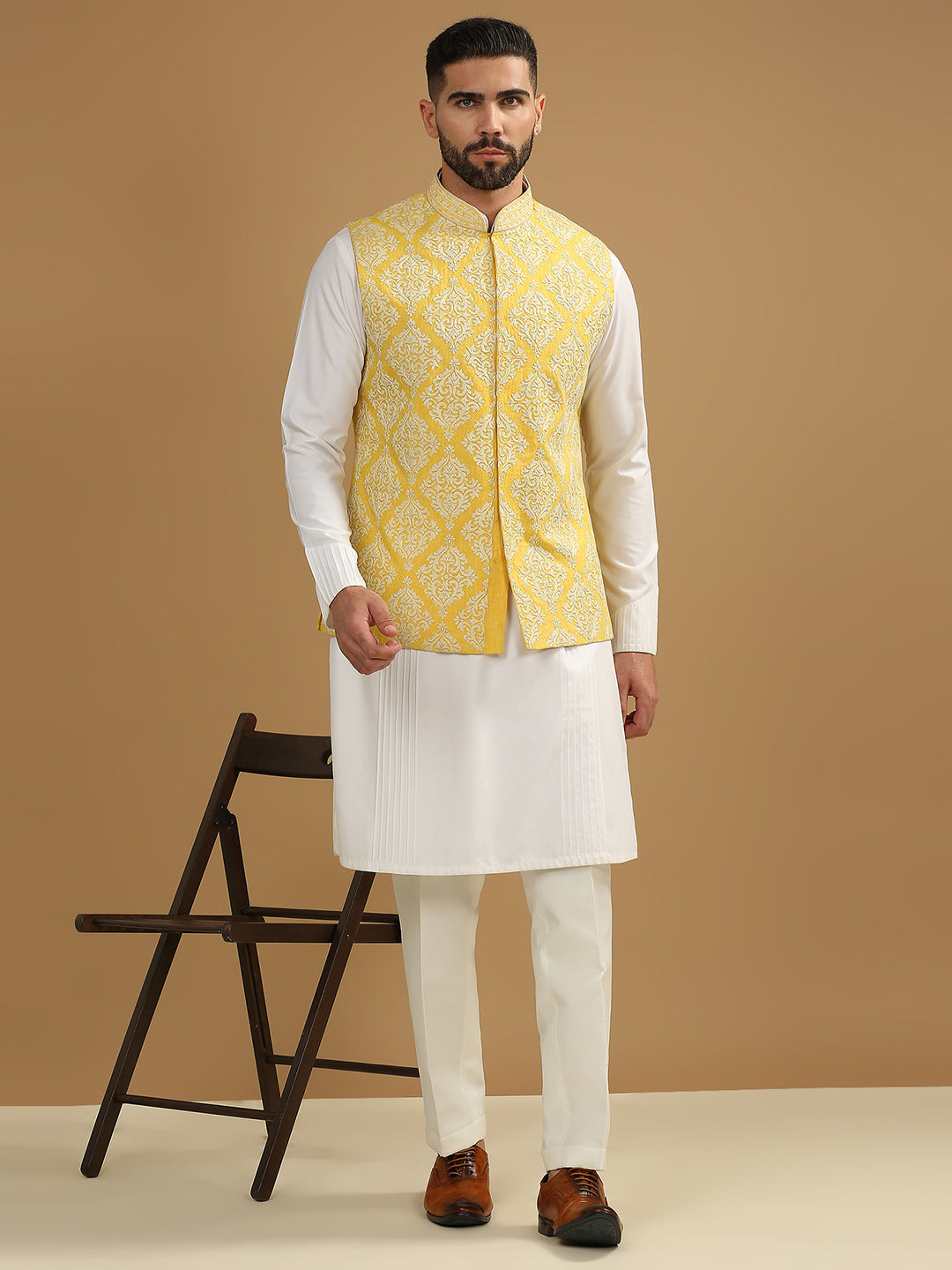 Yellow Embroidered Jacket & White Kurta Set