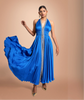 Blue Hand Embroidered Satin Cape Dress With Pants