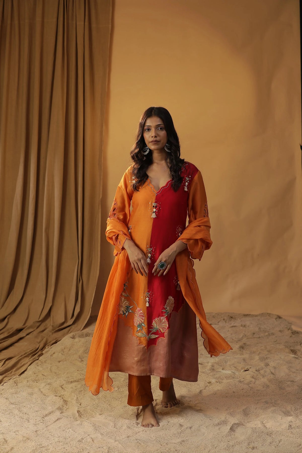 Half And Half Red Orange Handpainted Suit Set