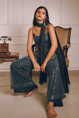 Dark Grey Blue Embroidered Kurta Pants Set