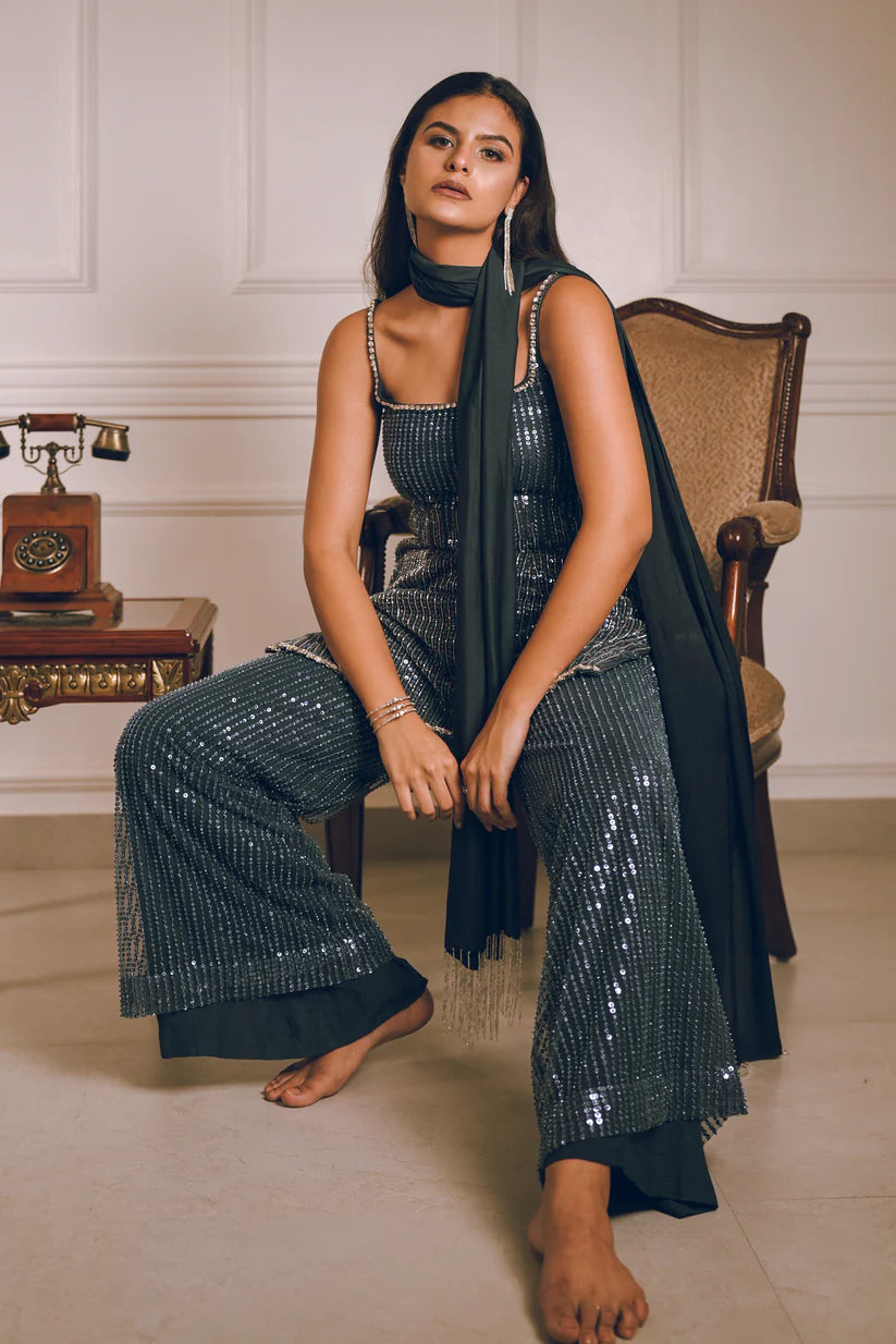Dark Grey Blue Embroidered Kurta Pants Set