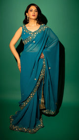 Peacock Blue  Hand Embroidered Saree Organza And Matching Floral Embroidered Blouse