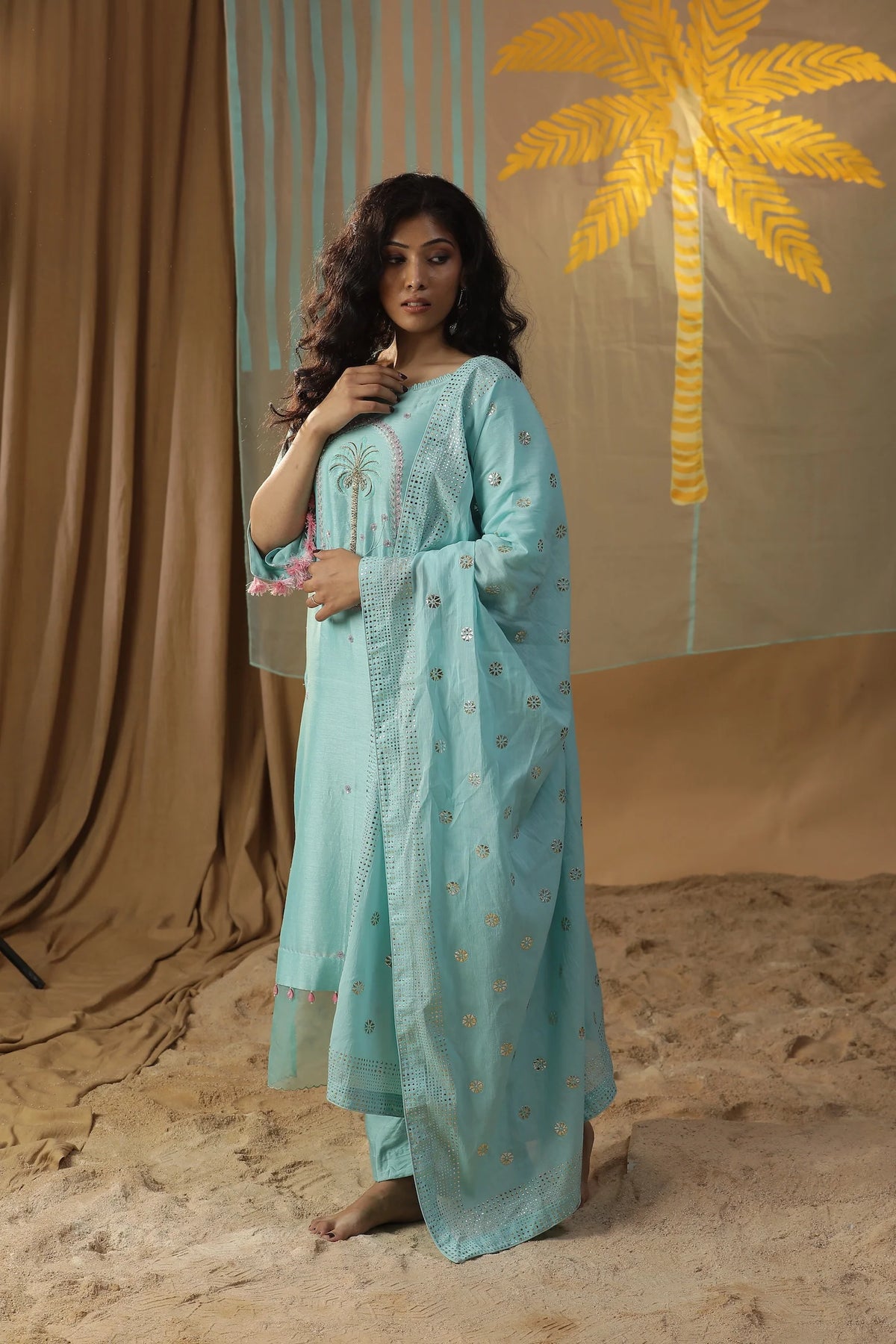 Sky Blue Centre Plam Tree Suit Set