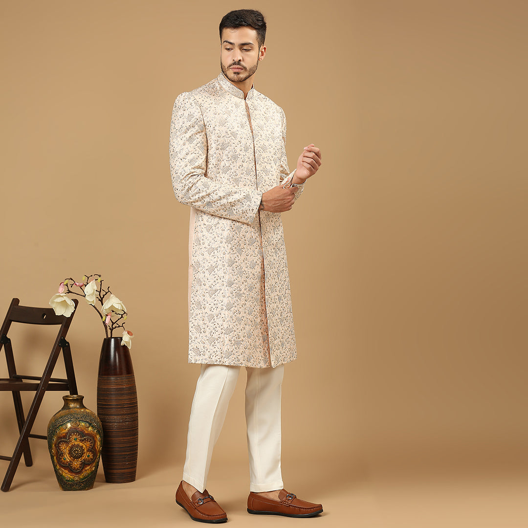 Light Pink Raw Silk Hand Embroidered & Zardosi Sherwani Set