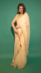 Yellow Hand Embroidered Saree Organza And Matching Floral Embroidered Blouse