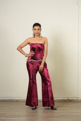 Maroon Hand Embroidered Velvet Corset With Pants