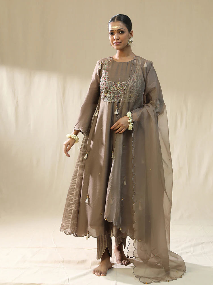 Mocha Ambi A Line Suit Set,Dori Zardozi Resham