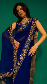 Navy Blue Hand Embroidered Saree Organza And Matching Floral Embroidered Blouse