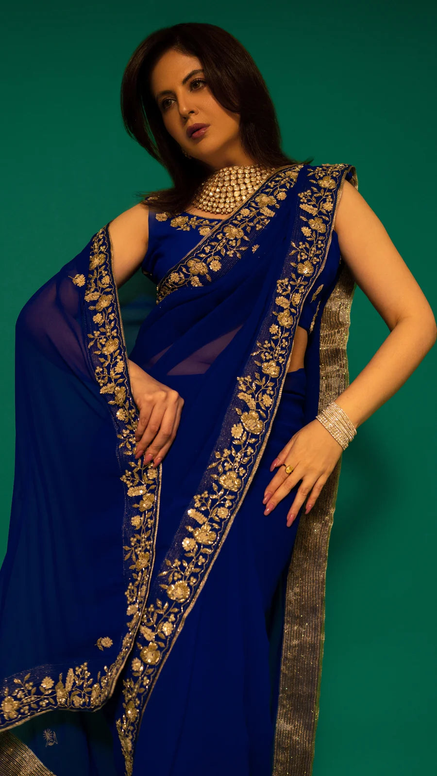 Navy Blue Hand Embroidered Saree Organza And Matching Floral Embroidered Blouse
