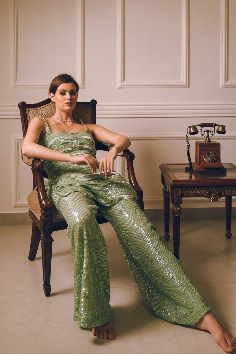 Pista Green Layered Sequins Kurta Pants Set